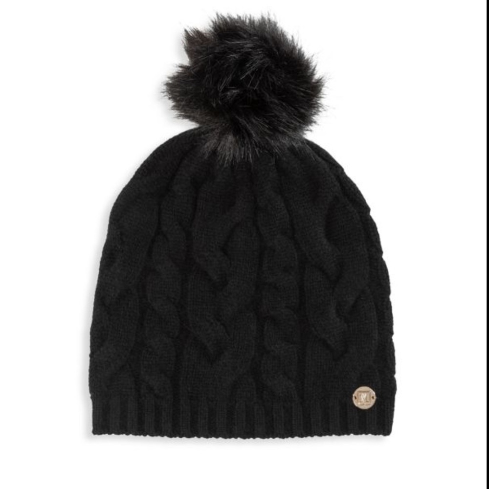 BRUNO MAGLI CASHMERE KNIT BEANIE WITH SHEARLING POM-POM BLACK NWOT